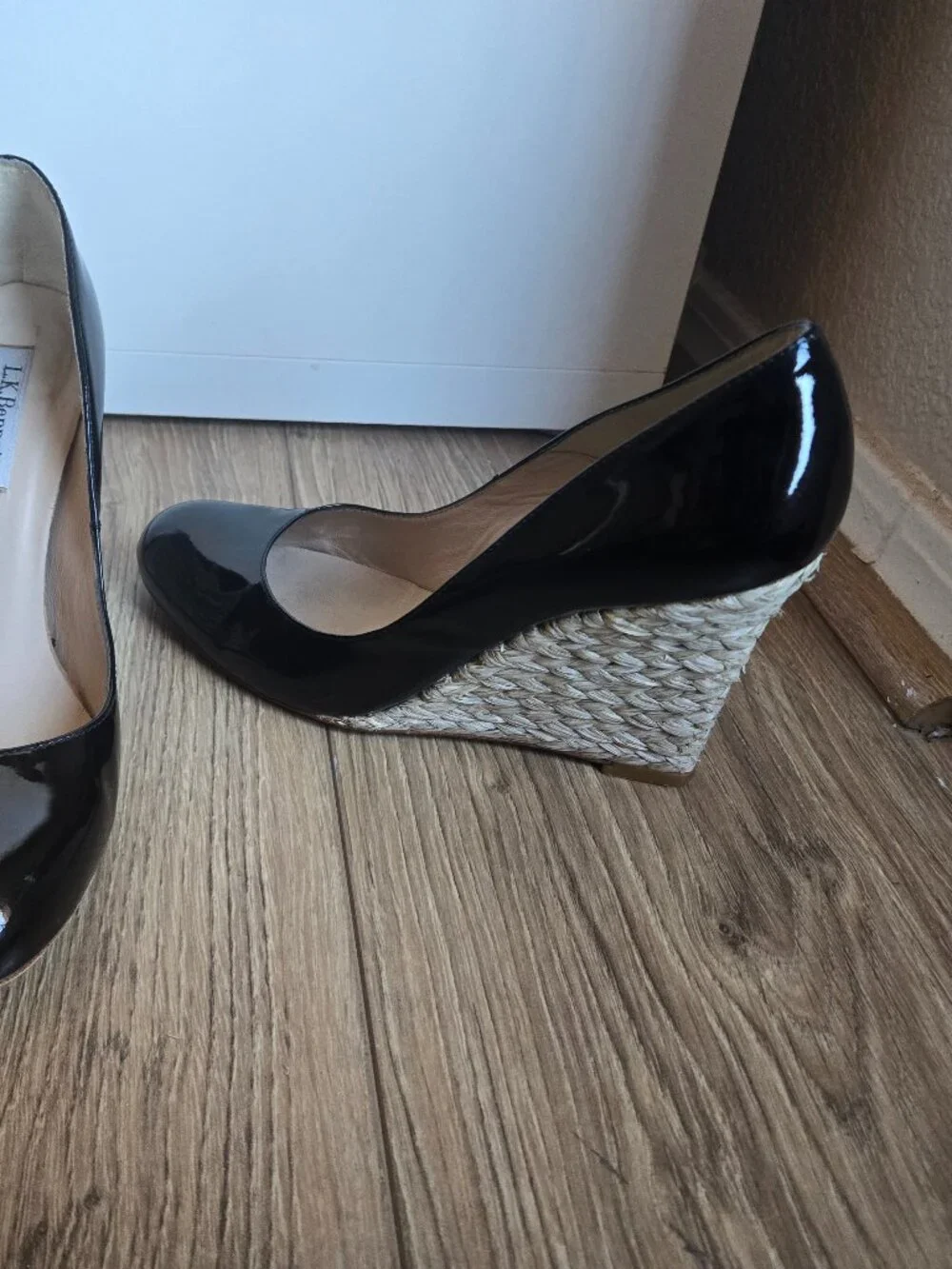 L.K. Bennett Maddox black patent leather espadrille wedge heels